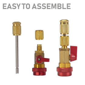 Lichamp R1234YF connector mounted on port illustrating safe modern refrigerant service