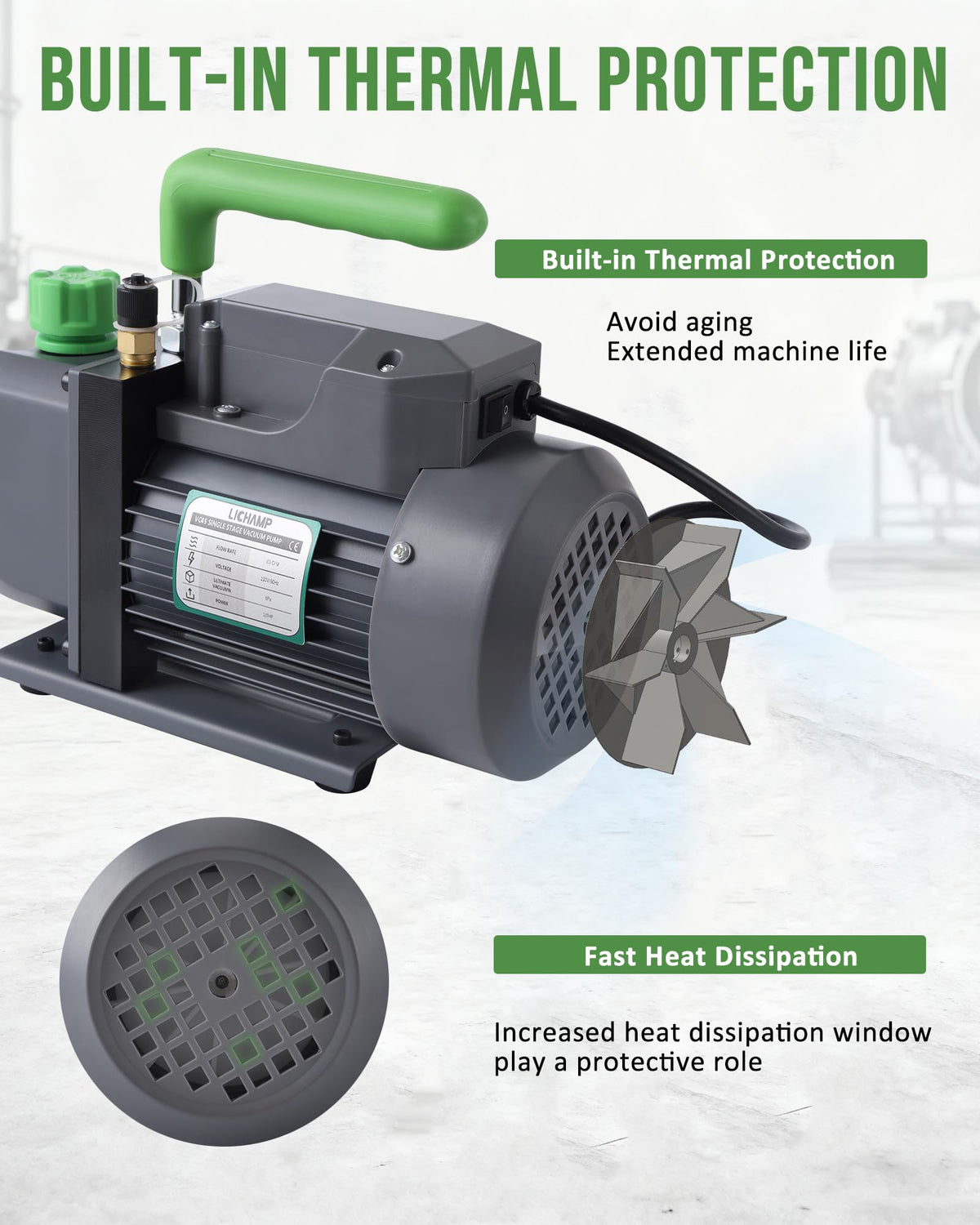 Lichamp cooling fan and venting side profile for prolonged use protection