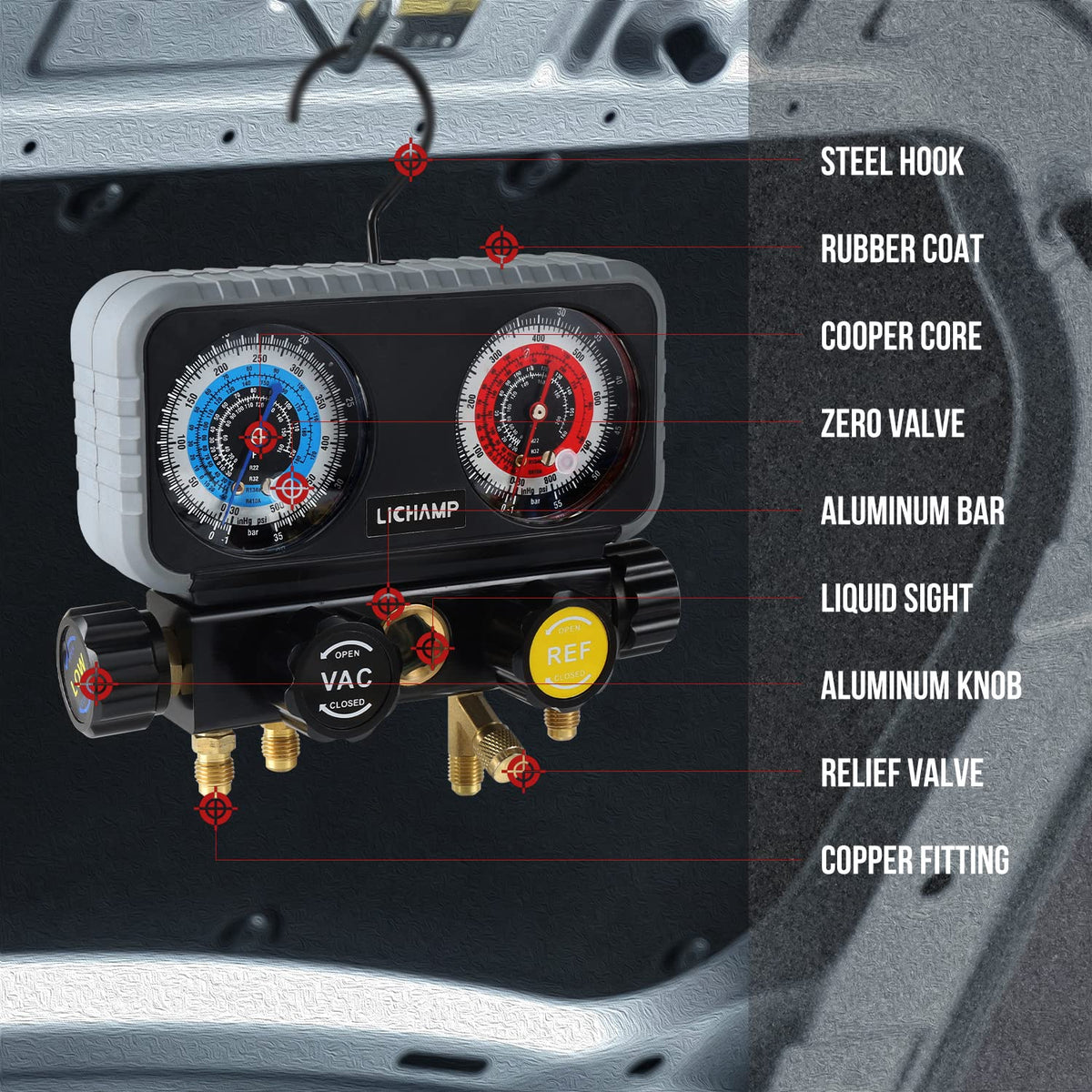 Lichamp sight glass showing flowing refrigerant for visual charge control