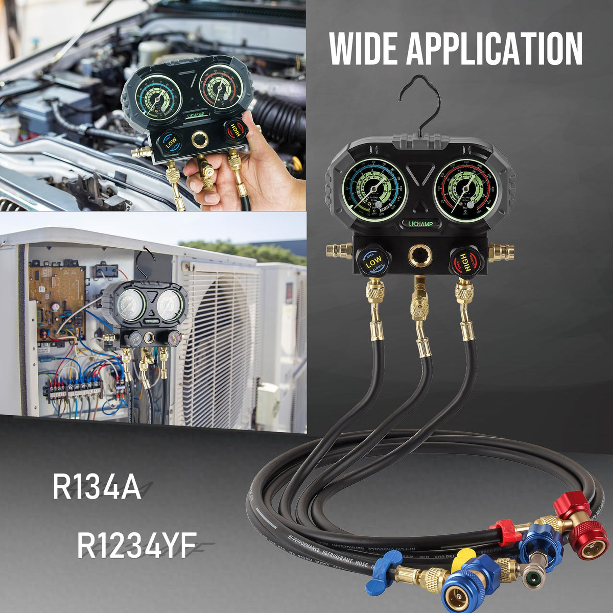 Lichamp manifold kit in use on a car A/C system showing practical garage application