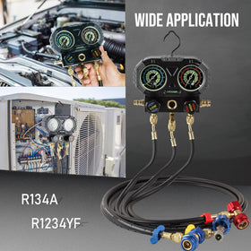 Lichamp manifold kit in use on a car A/C system showing practical garage application