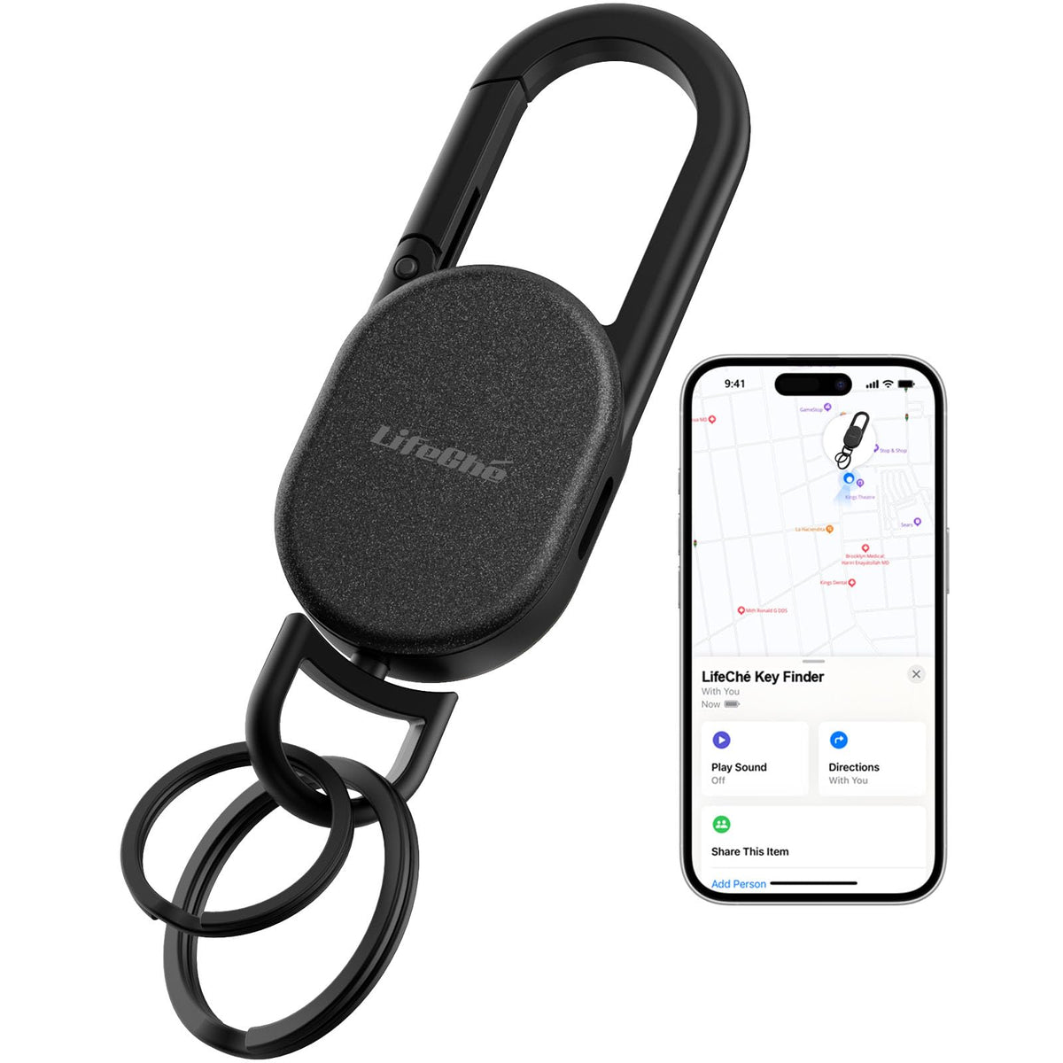 LifeChé front view showing sleek stainless steel keychain and tracker for secure carry