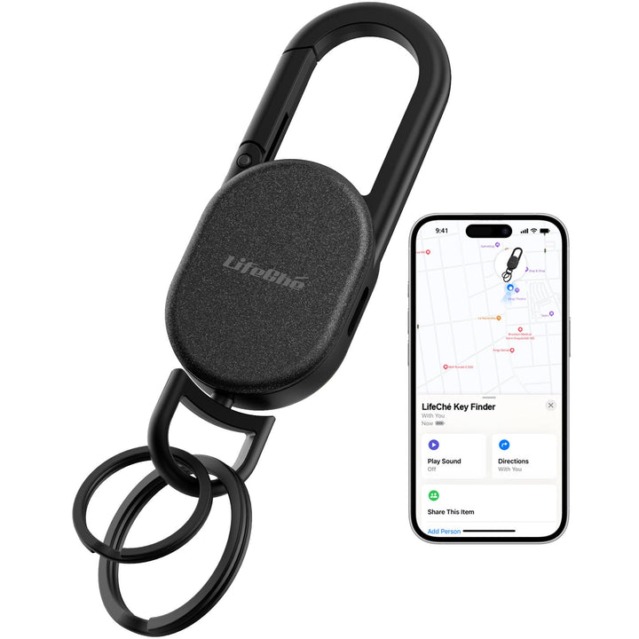 LifeChé front view showing sleek stainless steel keychain and tracker for secure carry