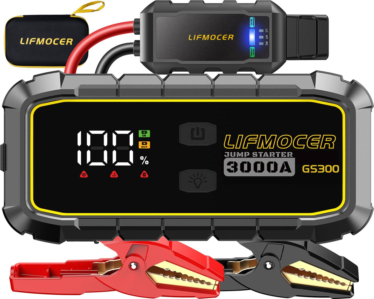 LIFMOCER GS300 front view showing compact jump starter and case benefit quick access