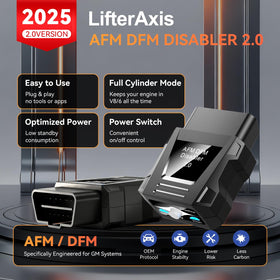 Close-up of LifterAxis label showing model info and safe battery auto-off feature