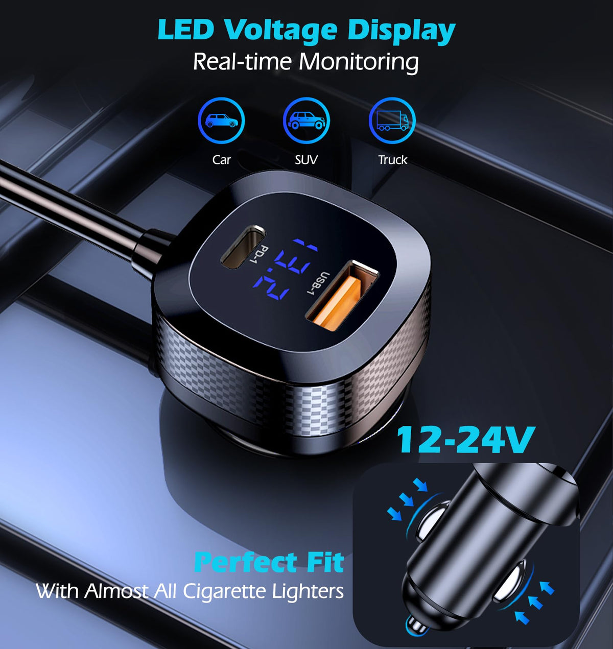 LIHAN cord reaching backseat showing 3.3-foot reach for passenger device charging