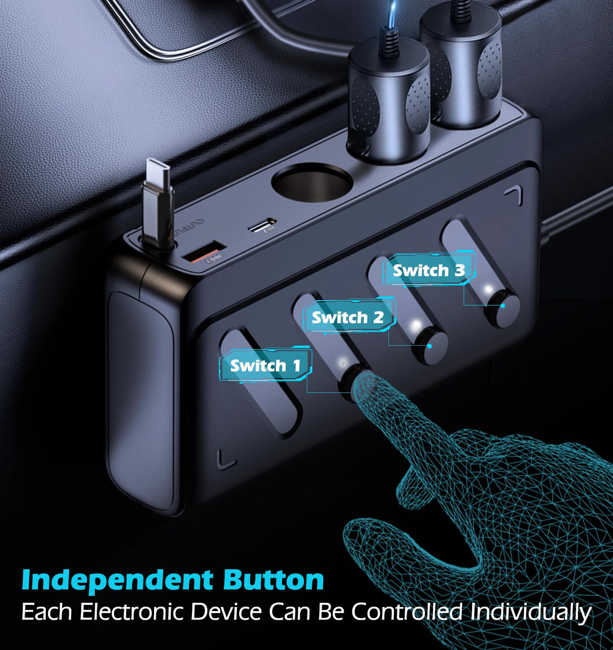 LIHAN installed in car dashboard demonstrating tidy, accessible power expansion