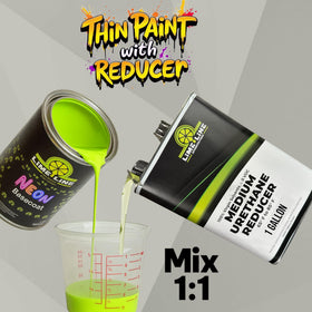 LiME LiNE quart beside reducer cup to illustrate proper mixing proportions