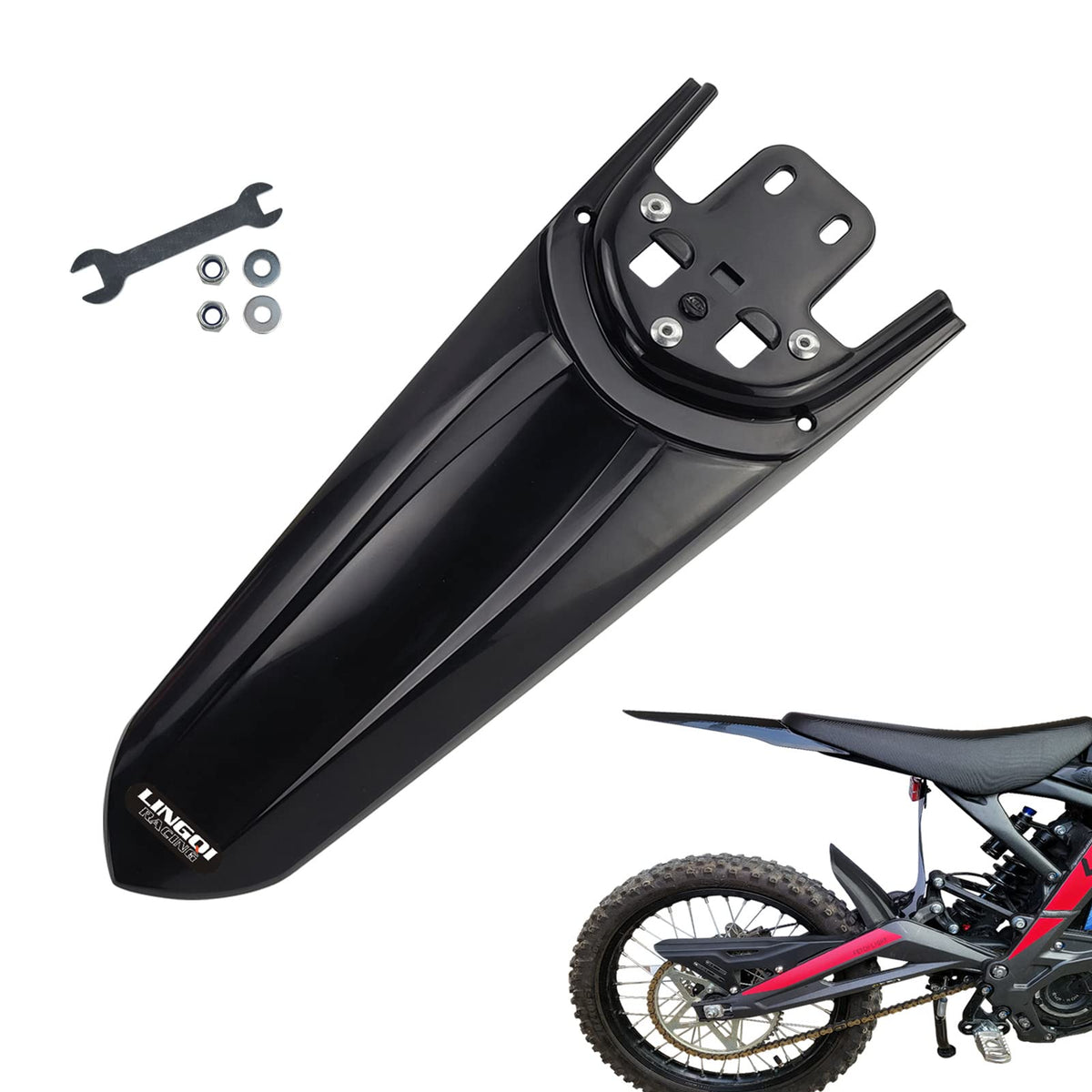 LINGQI RACING front profile of extended rear fender showing streamlined protection benefit