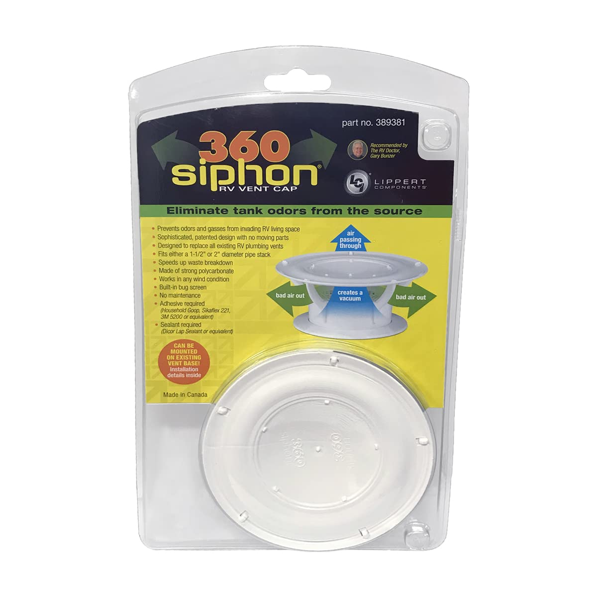 Lippert 360 Siphon installed on RV roof showing weatherproof fit and airflow