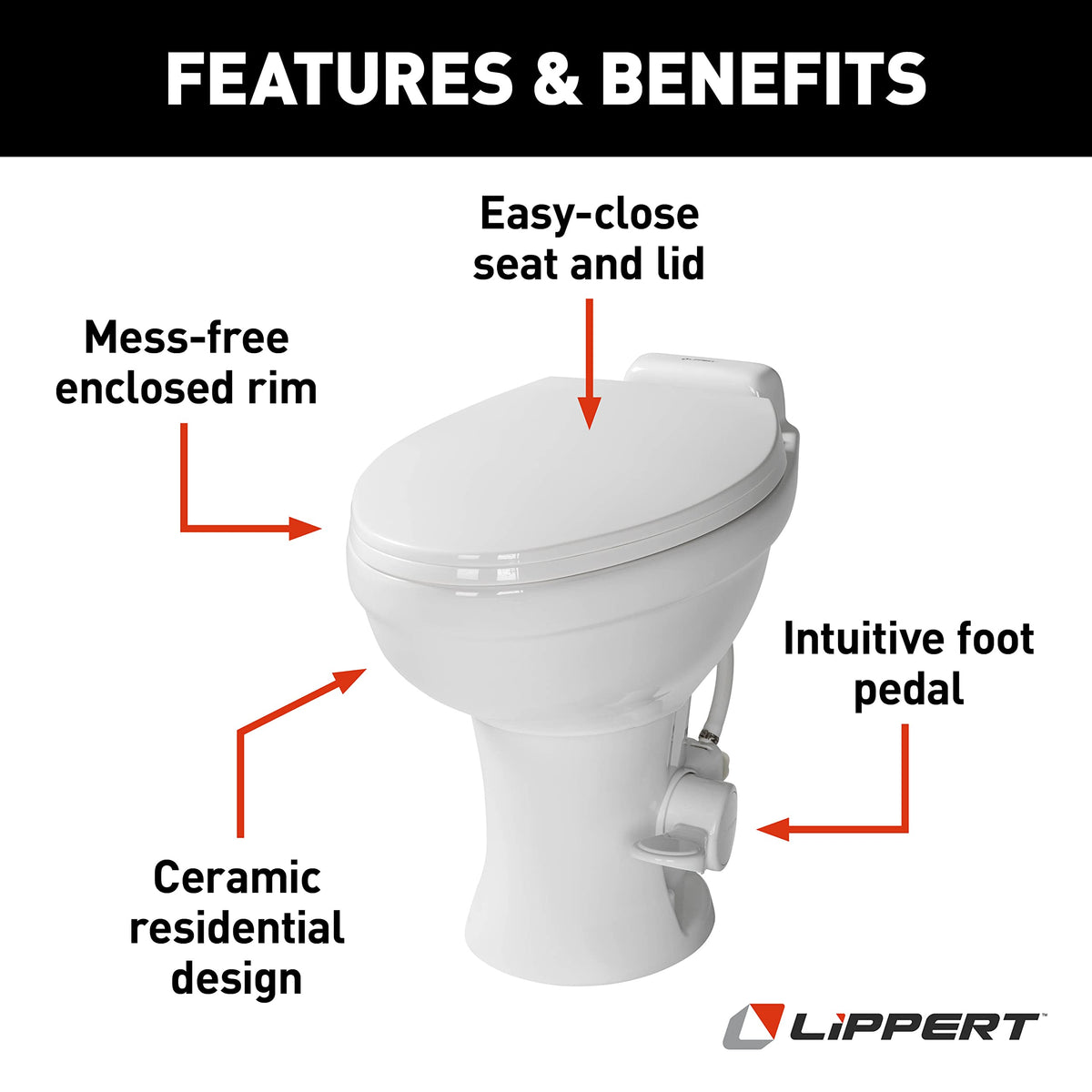 Lippert Components Flow Max foot pedal detail for hands-free flushing and water savings