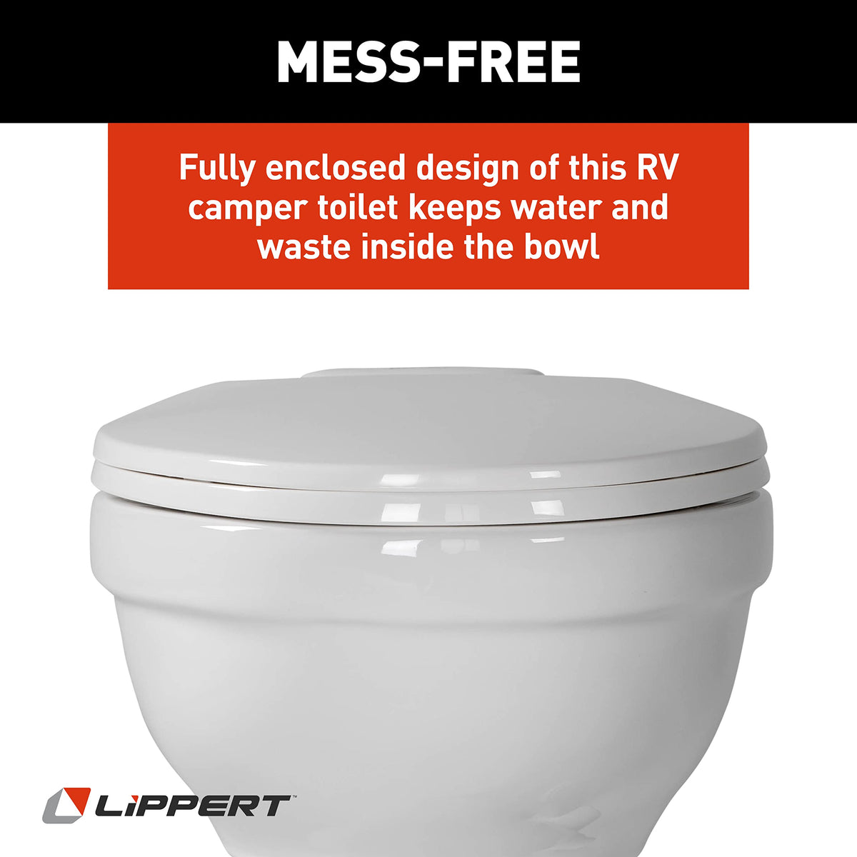 Lippert Components Flow Max staged in an RV bathroom lifestyle shot illustrating home-like comfort