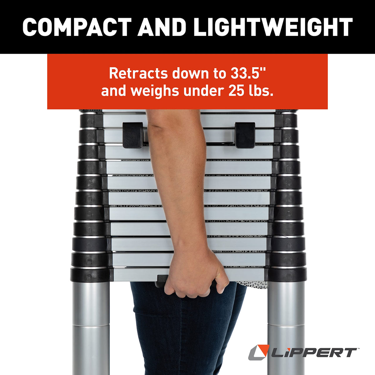 Lippert ladder retracted to 33.5 inches for compact storage convenience