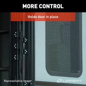 Lippert Components hinge detail in black finish highlighting corrosion resistance and sleek look