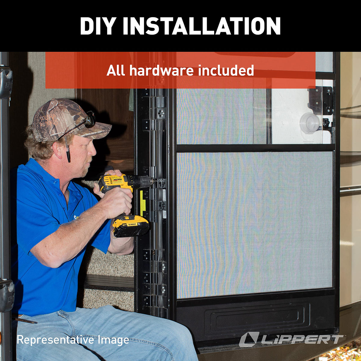 Lippert Components hinge installed on RV door illustrating smoother operation and reduced slamming