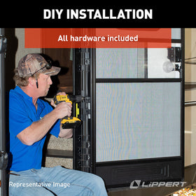 Lippert Components hinge installed on RV door illustrating smoother operation and reduced slamming