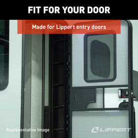 Lippert Components hinge side profile in white finish matching RV trim and unobtrusive appearance