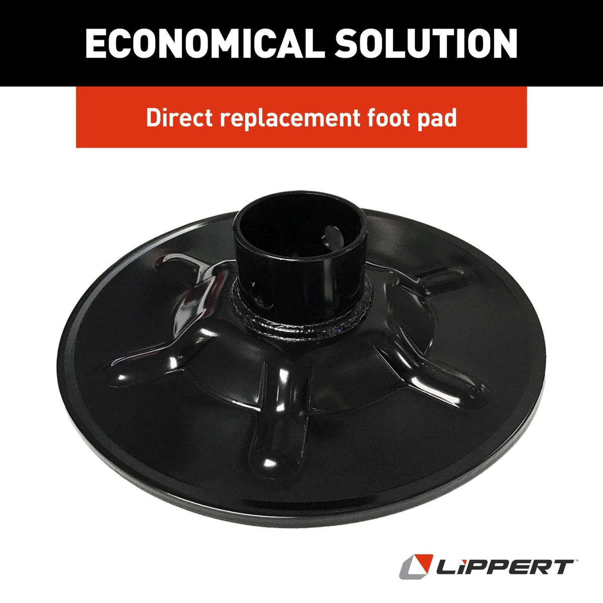 Lippert Components foot pad in camping scene improving RV stability on soft ground