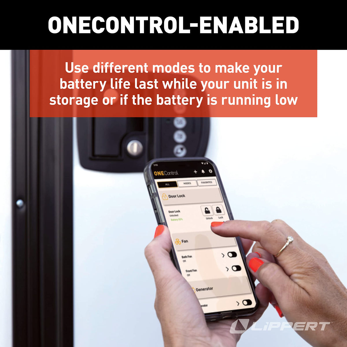 Lippert Components OneControl app on phone controlling lock for convenient remote access