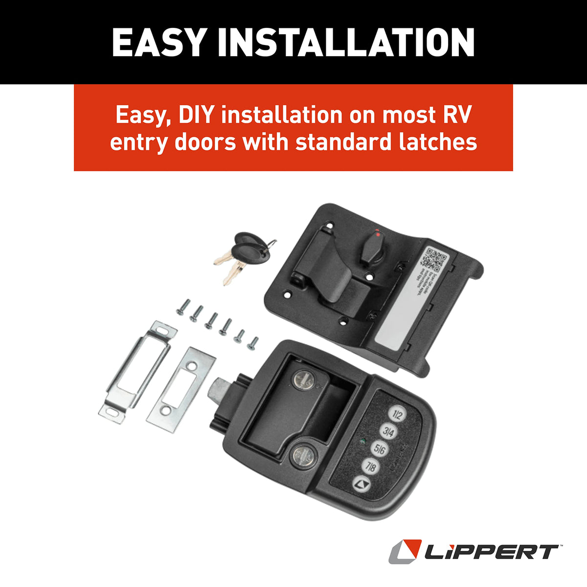 Lippert Components installed on camper door in outdoor scene offering modern security