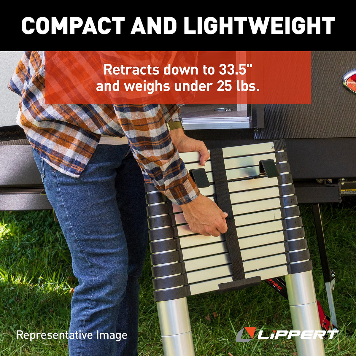 Lippert On-The-Go mounted on RV showing angled reach and improved balance