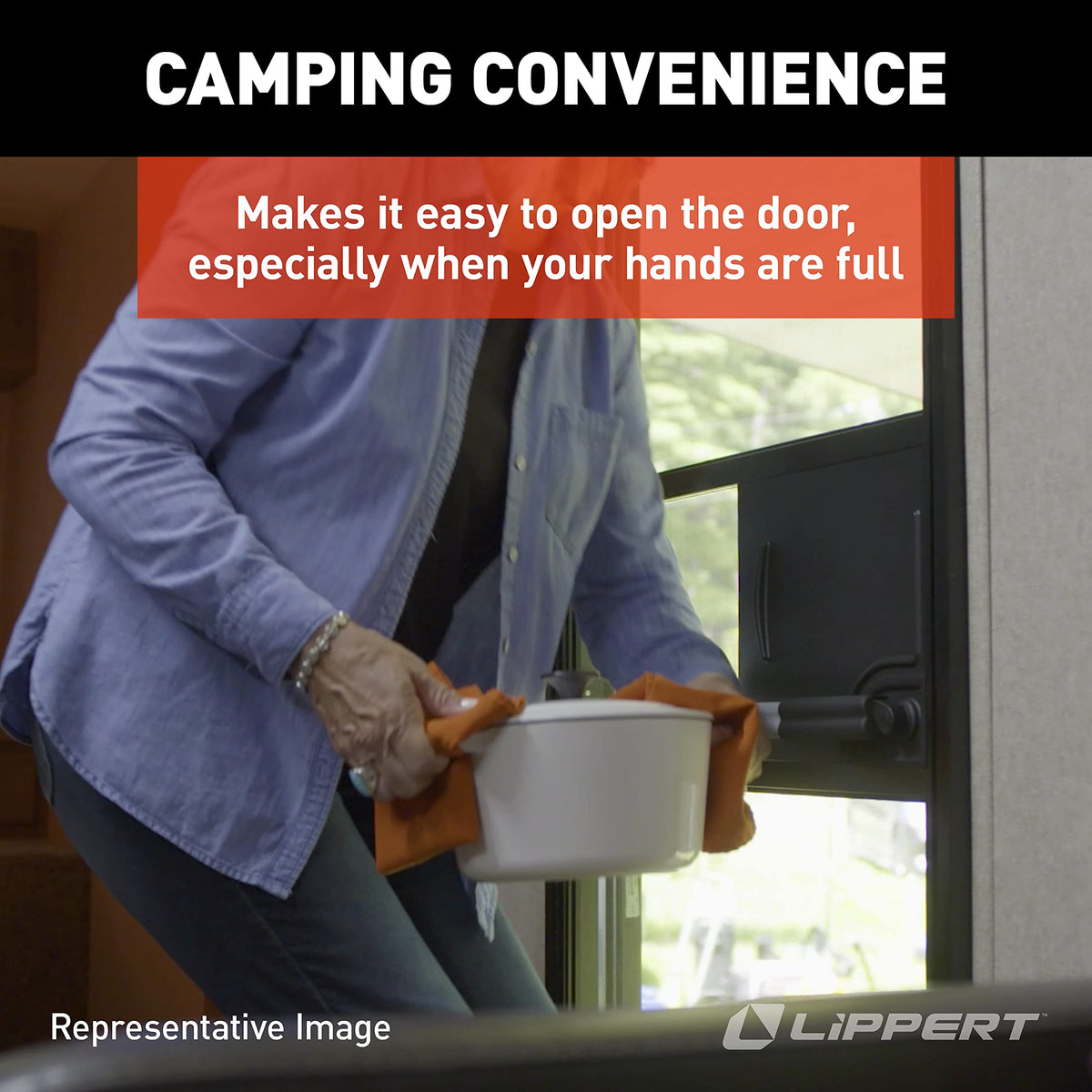 Lippert Screen Assist being used while carrying groceries to show hands-free benefit