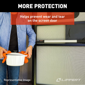 Lippert Screen Assist next to a ruler showing adjustable 26 to 30 inch fit benefit