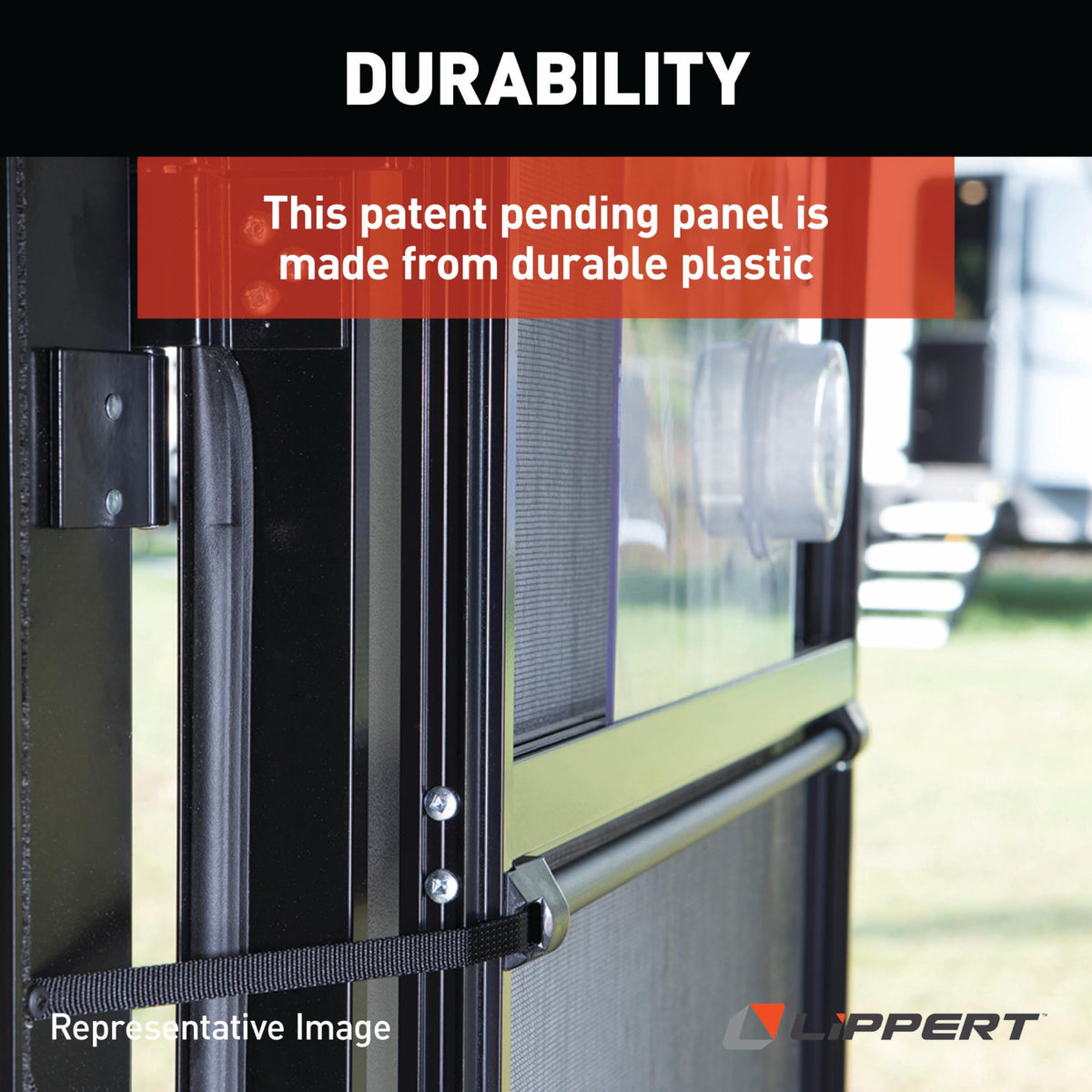 Lippert Components replacement panel installed in an RV screen door demonstrating restored sliding function
