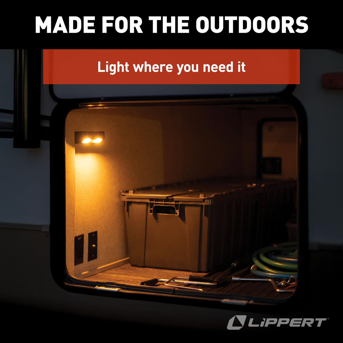 Lippert step light lighting a campsite pathway creating low-glare ambient safety