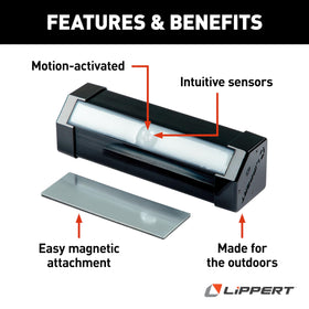Lippert step light magnetically attached to metal RV step for tool-free mounting
