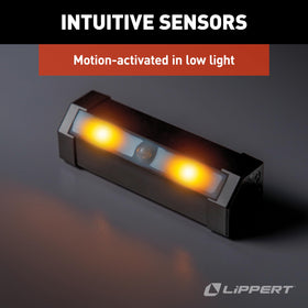 Lippert step light housing close-up highlighting IP65 weatherproof durability