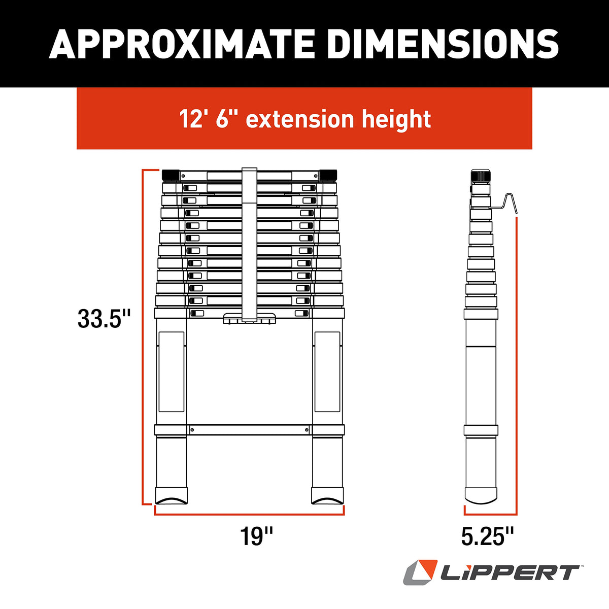 Lippert side angle of telescoping ladder demonstrating easy deployment and reach