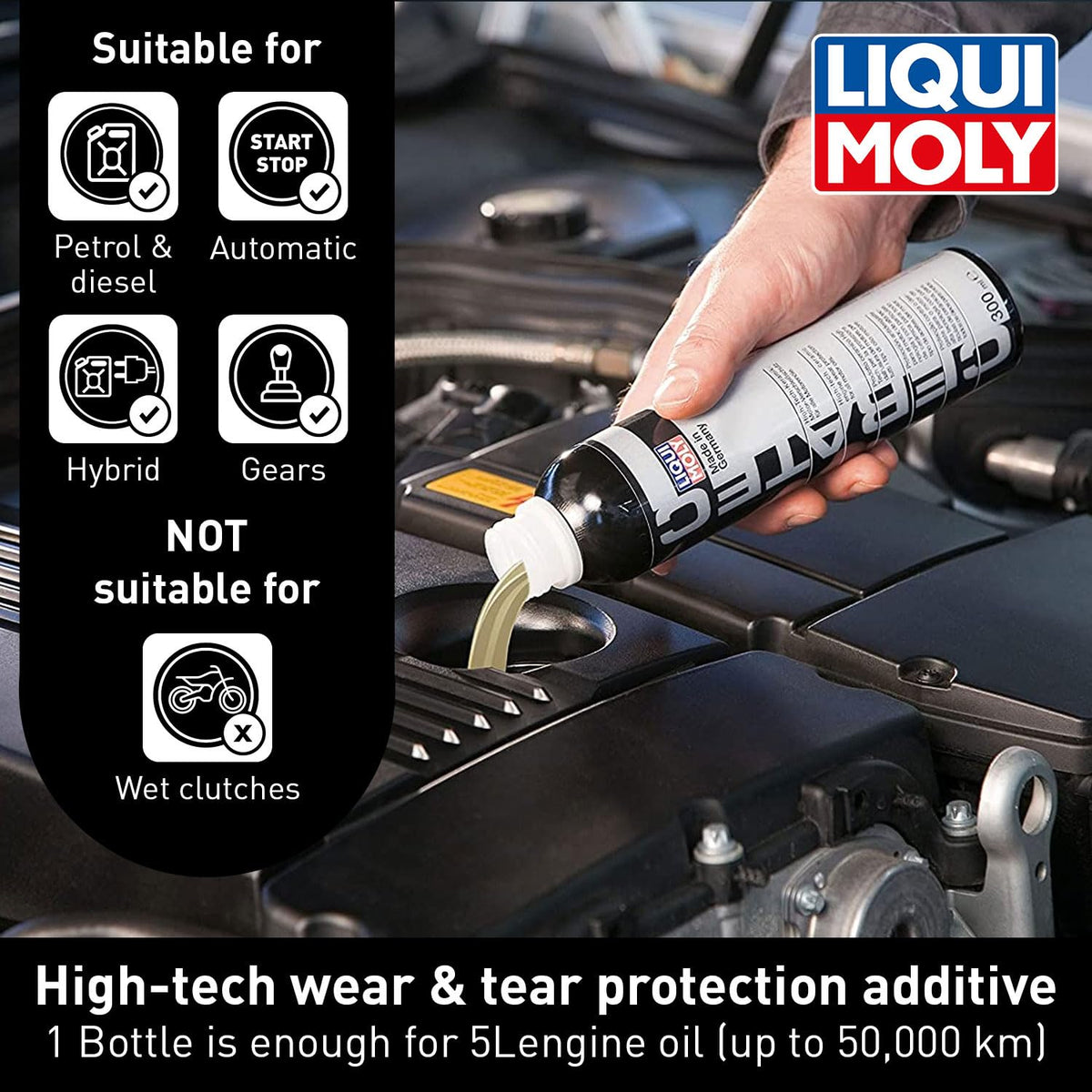 LIQUI MOLY Cera Tec being poured into an engine oil filler demonstrating simple application