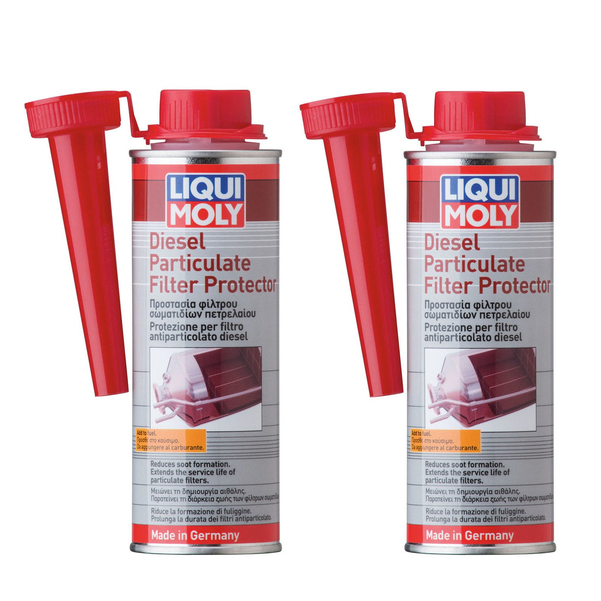 Liqui Moly DPF cleaner front view showing two 250ml bottles and product labelling for maintenance