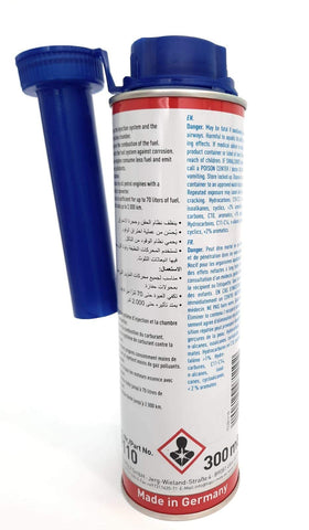 Liqui Moly injection system illustration showing cleaner injectors and improved spray pattern