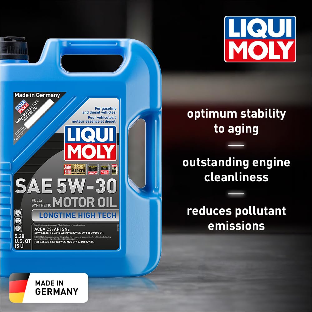 Liqui Moly label close-up highlighting 5W-30 and low-SAPS benefits for DPF compatibility