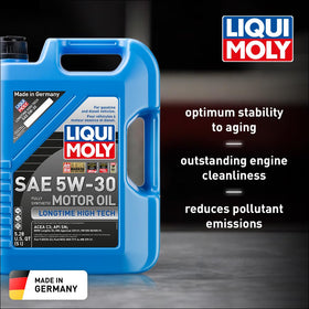 Liqui Moly label close-up highlighting 5W-30 and low-SAPS benefits for DPF compatibility