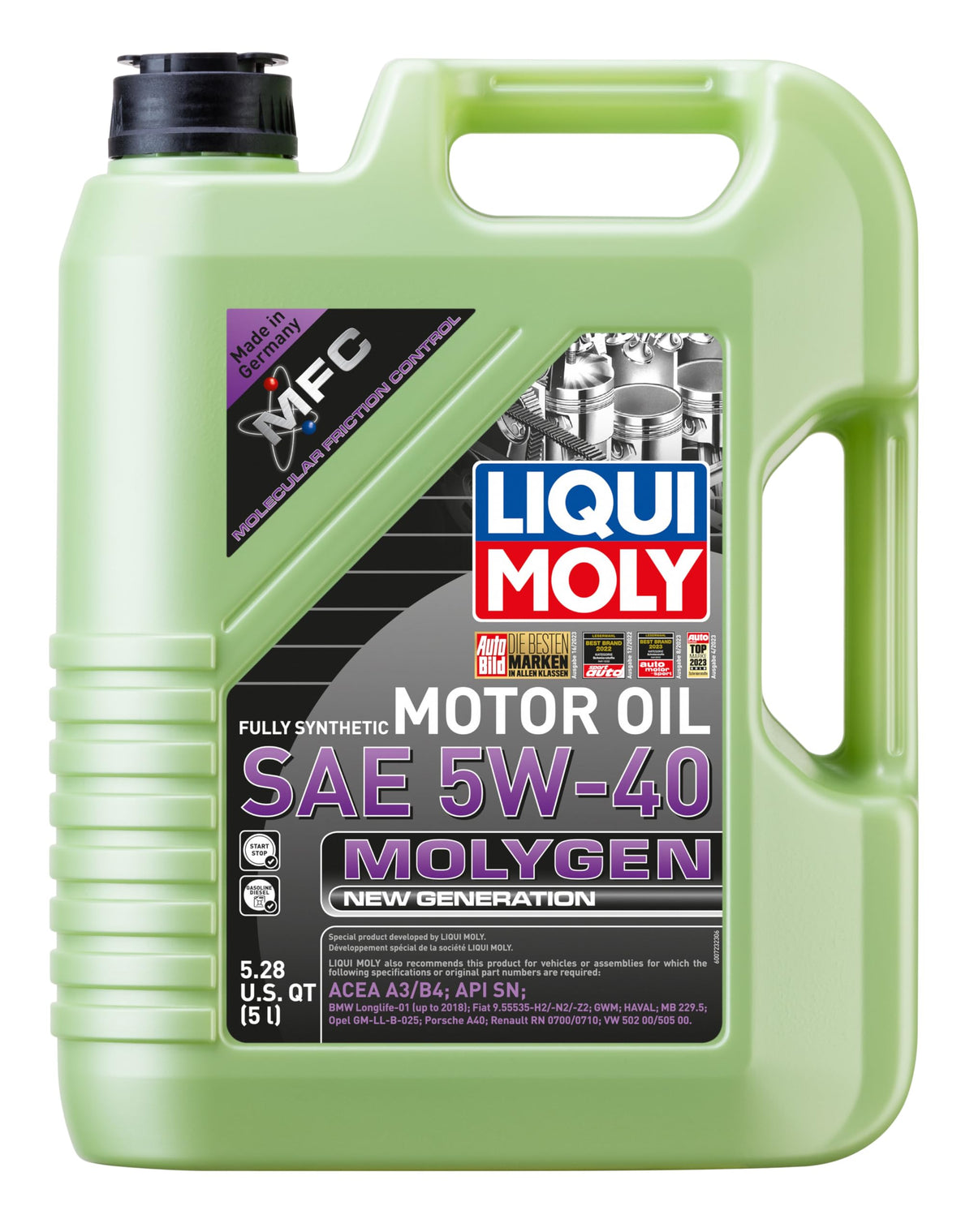 Liqui Moly front label of Molygen New Generation 5W-40 showing product and benefit