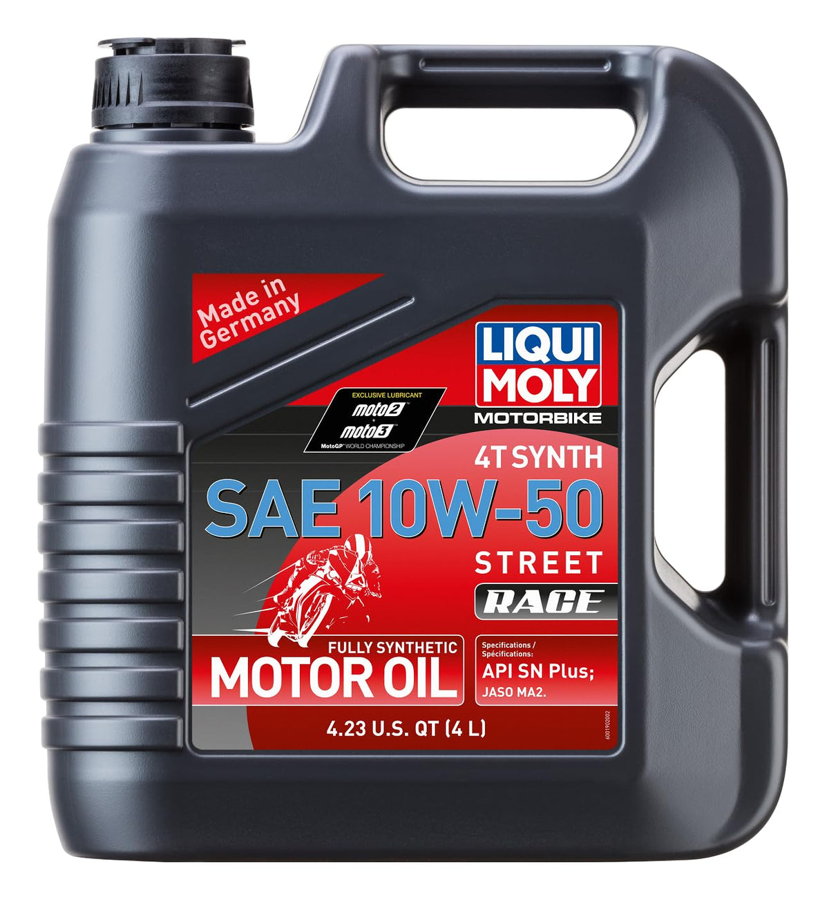 Liqui Moly bottle front view showing label and 4L size, highlights clear product identification and benefits