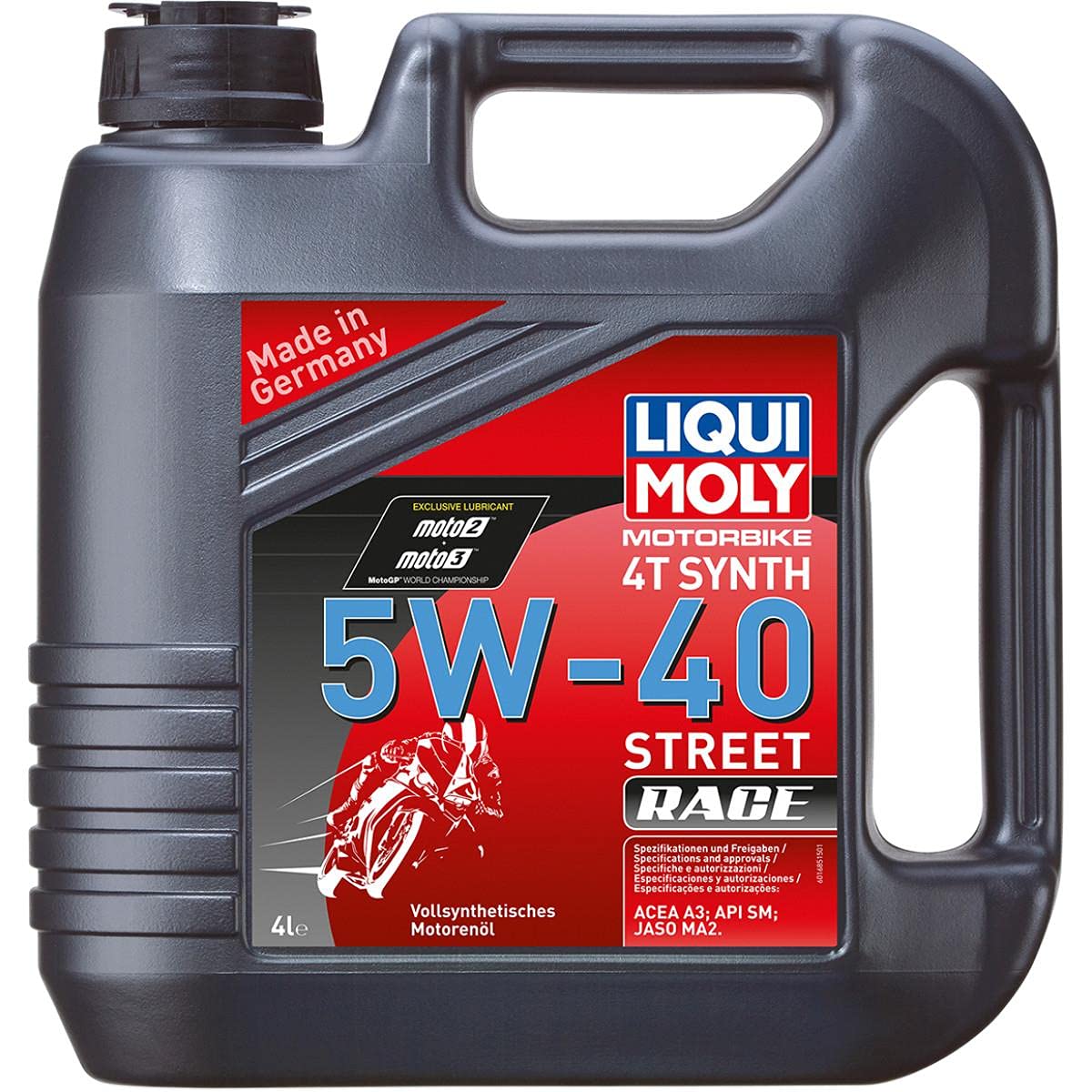 Liqui Moly front view of 4L Street Race bottle showing label and benefits