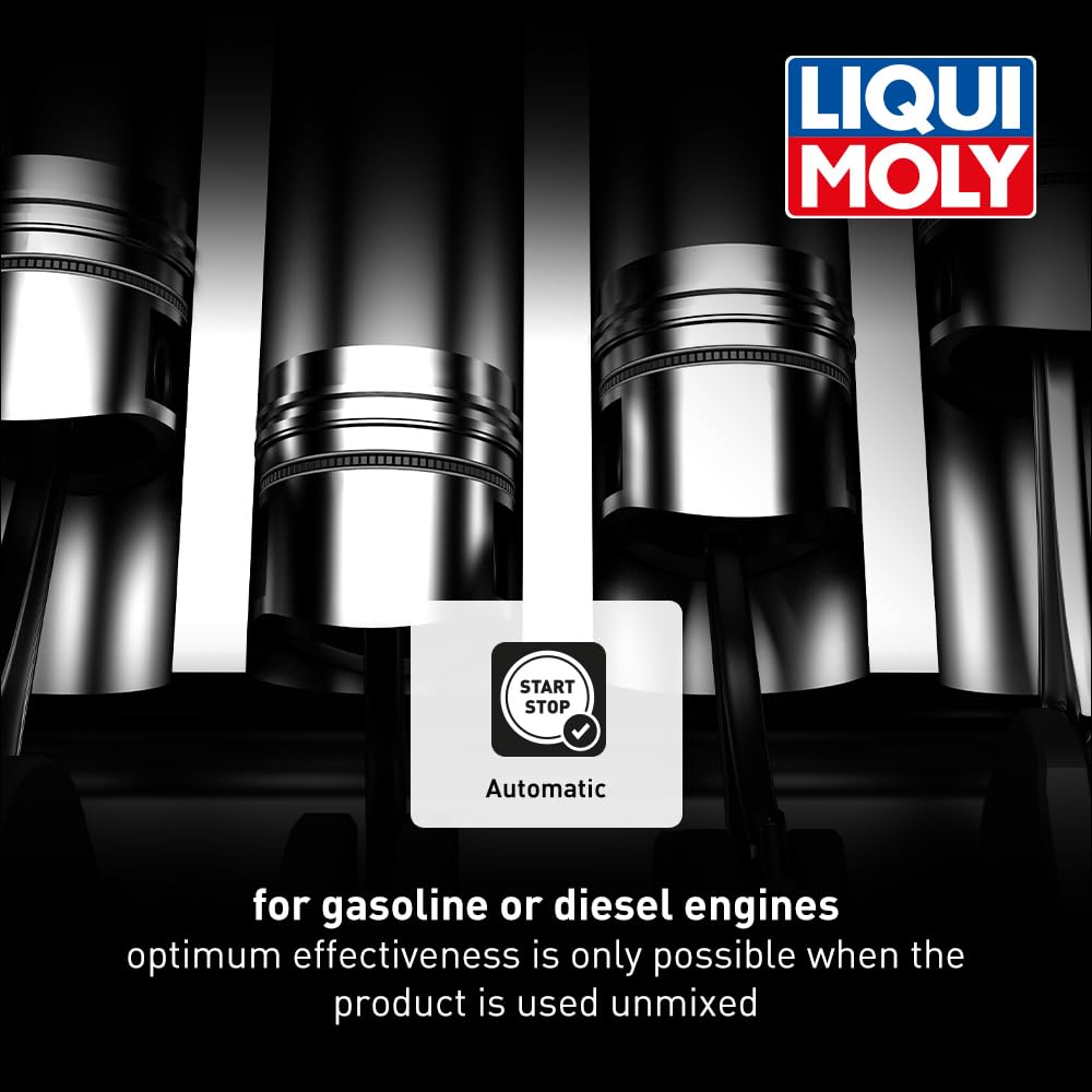 Liqui Moly bottle beside open engine bay illustrating correct use and engine protection benefit