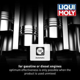 Liqui Moly bottle beside open engine bay illustrating correct use and engine protection benefit