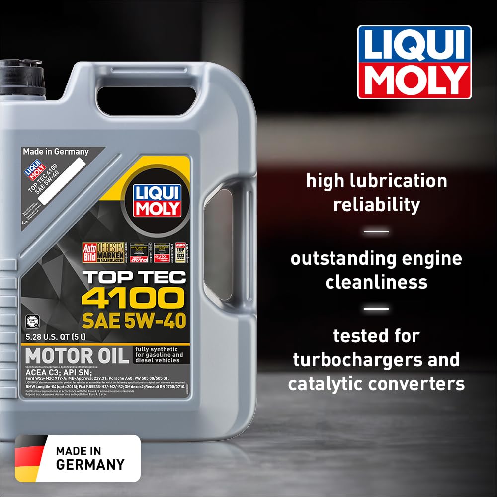 Liqui Moly oil being poured from the 5 L bottle to demonstrate spill‑free pour and convenience