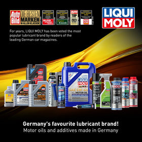 Liqui Moly bottle next to measuring jug showing 5 L capacity for accurate service planning