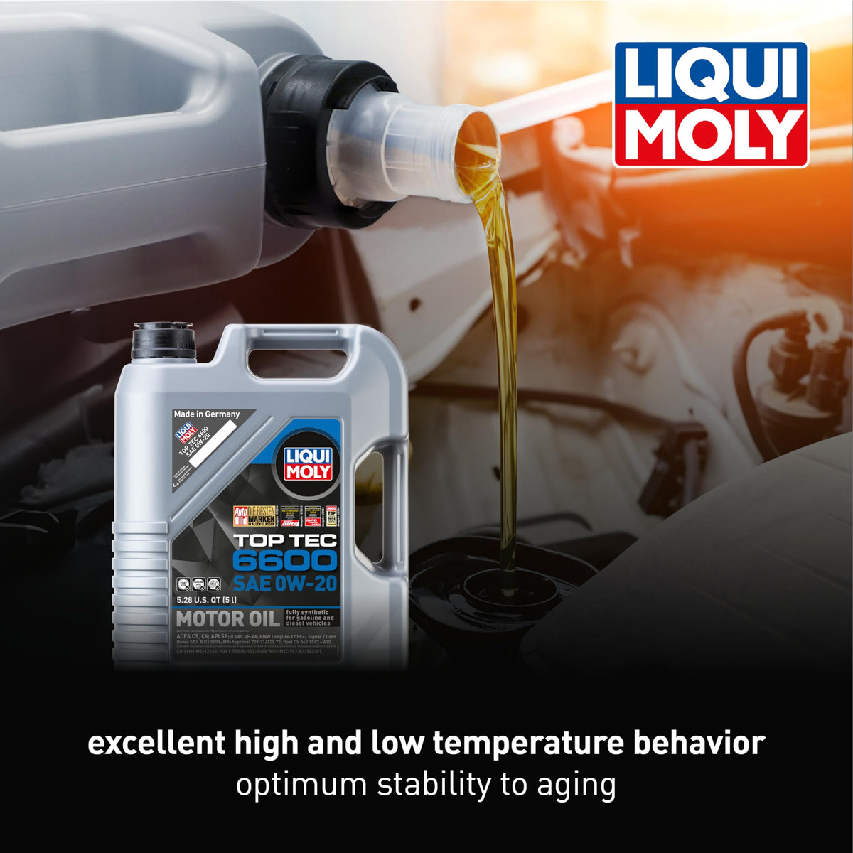 Liqui Moly Top Tec 6600 closeup pour spout demonstrating smooth pouring and spill control