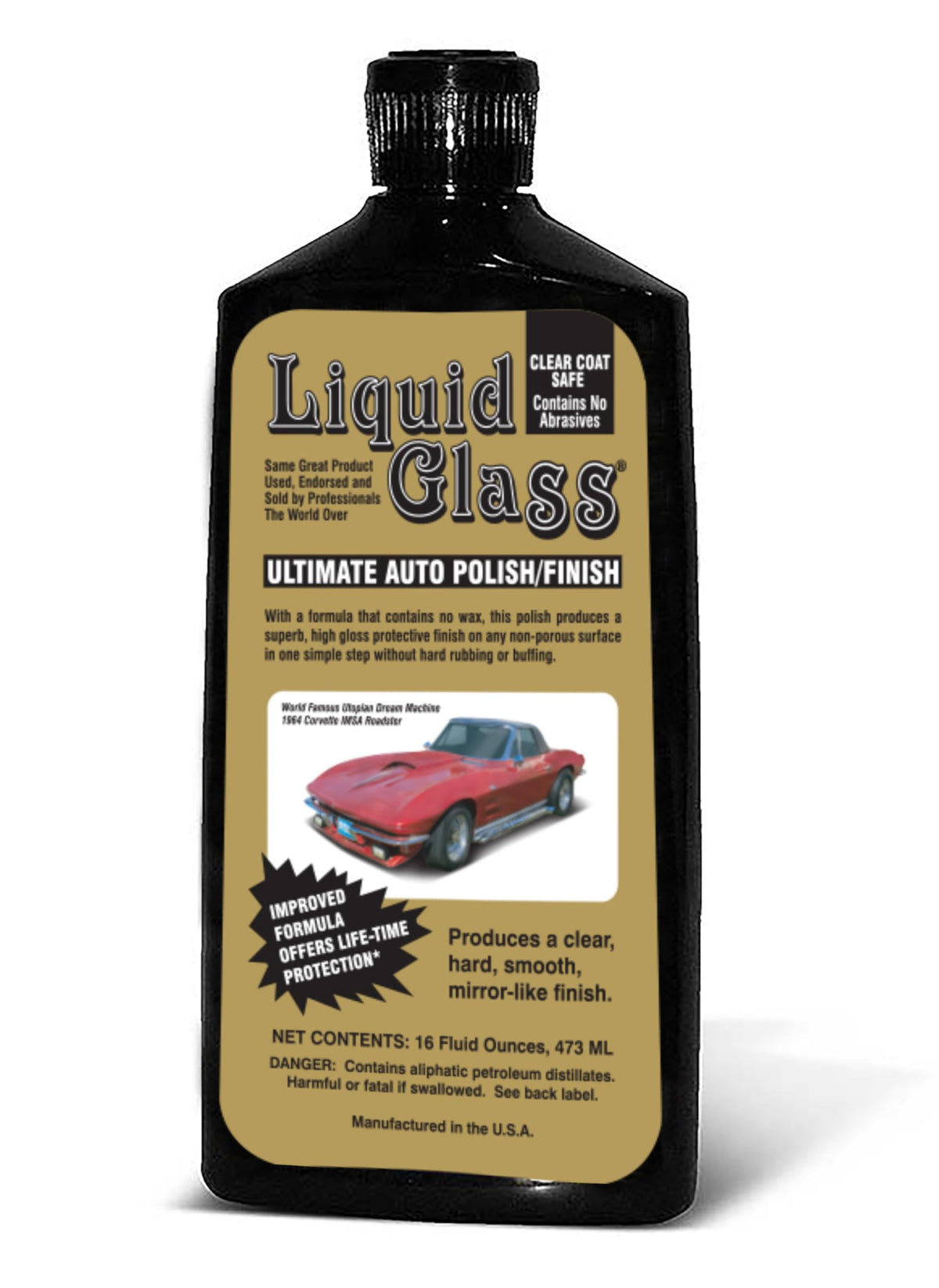 Liquid Glass bottle front label showing product and professional endorsement for glossy finish