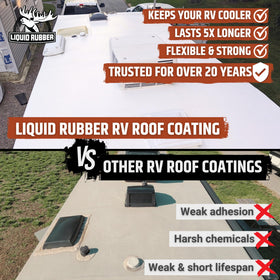 Liquid Rubber application on RV roof with brush and roller demonstrating easy DIY