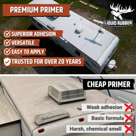 Liquid Rubber being applied with a roller on an RV roof for even coverage