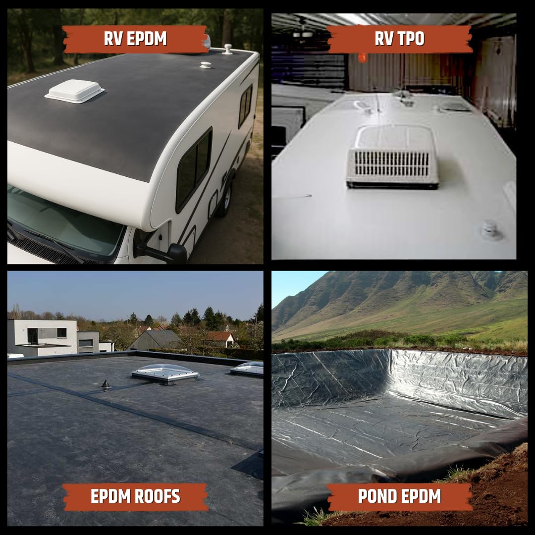 Liquid Rubber quart beside hand for scale on an RV roof during prep