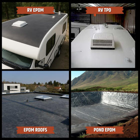 Liquid Rubber quart beside hand for scale on an RV roof during prep